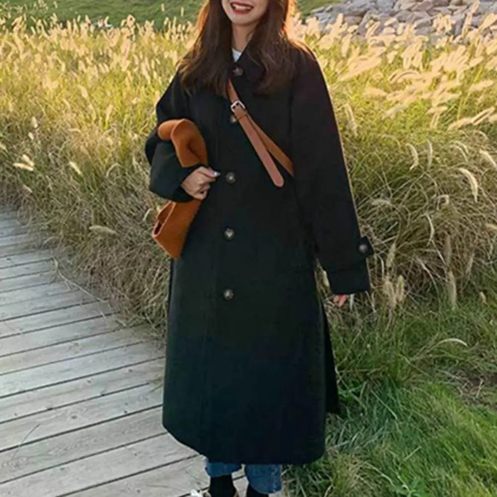 

Loose Long Coat Stylish Windproof Women's Overcoat with Belt Warm Mid Length Winter Coat for Commute Loose Fit Turn-down Collar