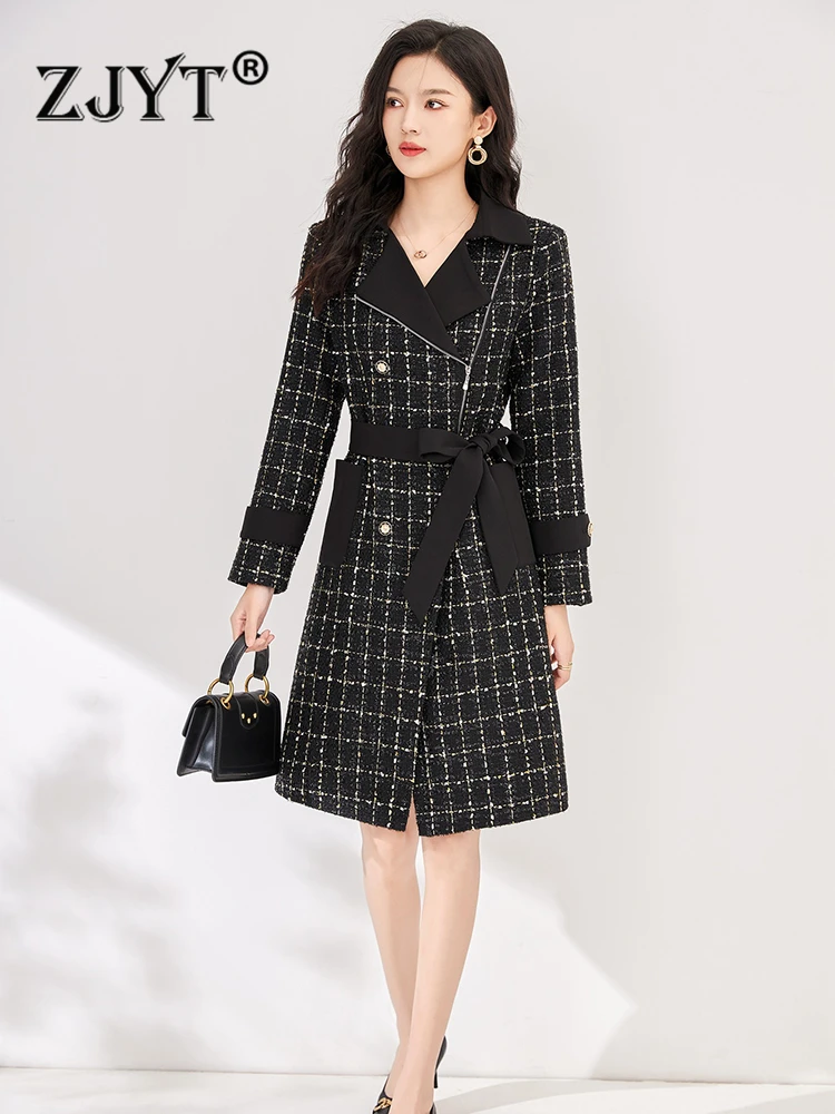 

ZJYT Autumn Winter Plaid Tweed Woolen Jacket for Women 2023 Fashion Long Sleeve Wool Blend Coat Vintage Outerwear Veste Femme