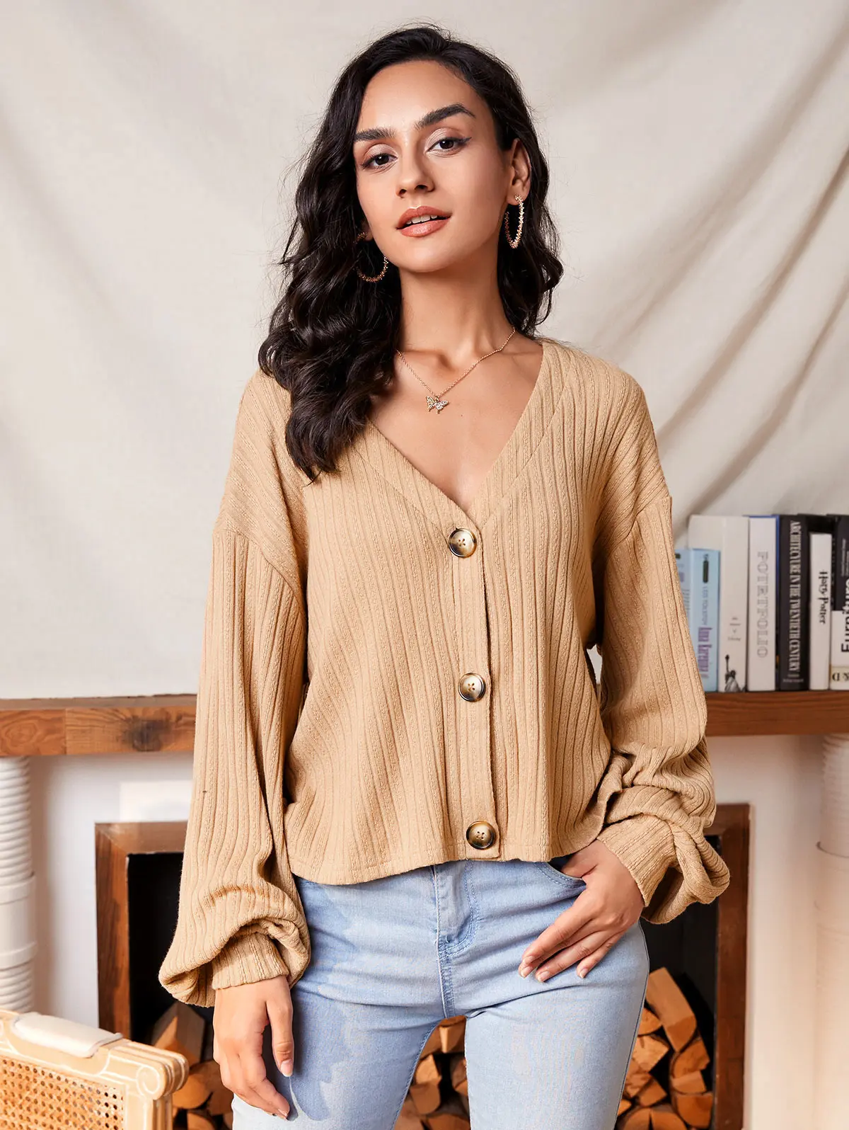 

ZAFUL Drop Shoulder V Neck Ribbed Cardigan Women Button Up Knitwear Loose Thin Sweater Outwear Spring Autumn