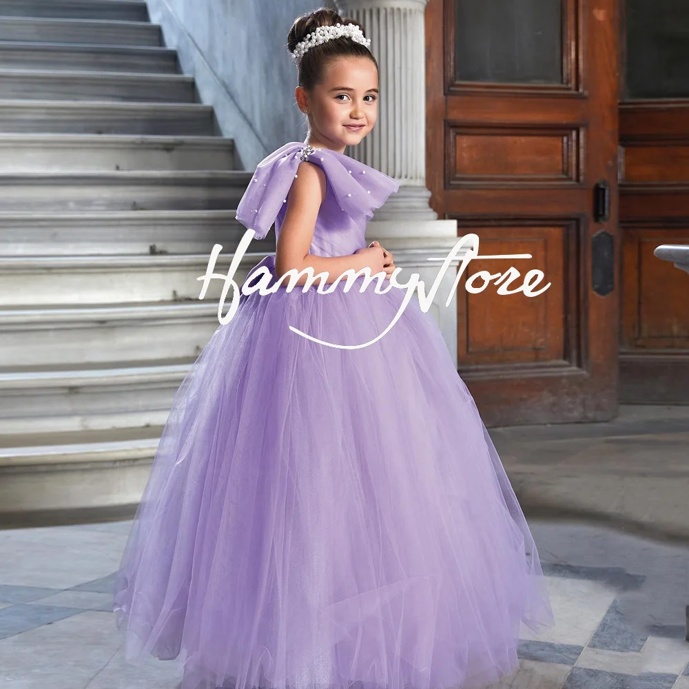 

Lavender Pageant Flower Girl Dress Beautiful One Shoulder Big Bowtie Pearls Soft Tulle Floor Length First Communion Gown