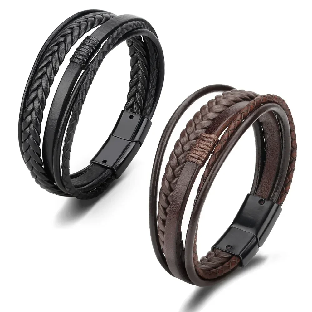 

Wholesale Fashion Multilayer Leather Rope Hand Weaving Bracelet Braided Stainless Steel Bracelets for Men Women Jewelry Gift