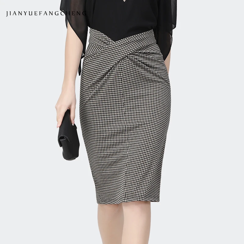 

Mid-Length Ladies Houndstooth Pencil Skirt Waist Crossed Design Sexy Bodycon Wrap Skirt 2022 Spring Summer Office Ladies Bottoms