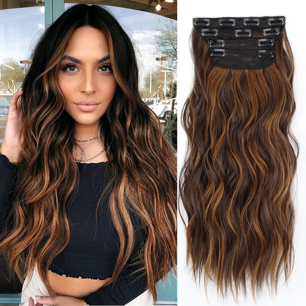 

20Inch Synthetic Hair Clip In Long Wavy Thick Hairpieces For Women Full Head 4Pcs/Set Synthetic Hair Extensions Ombre Hairpieces