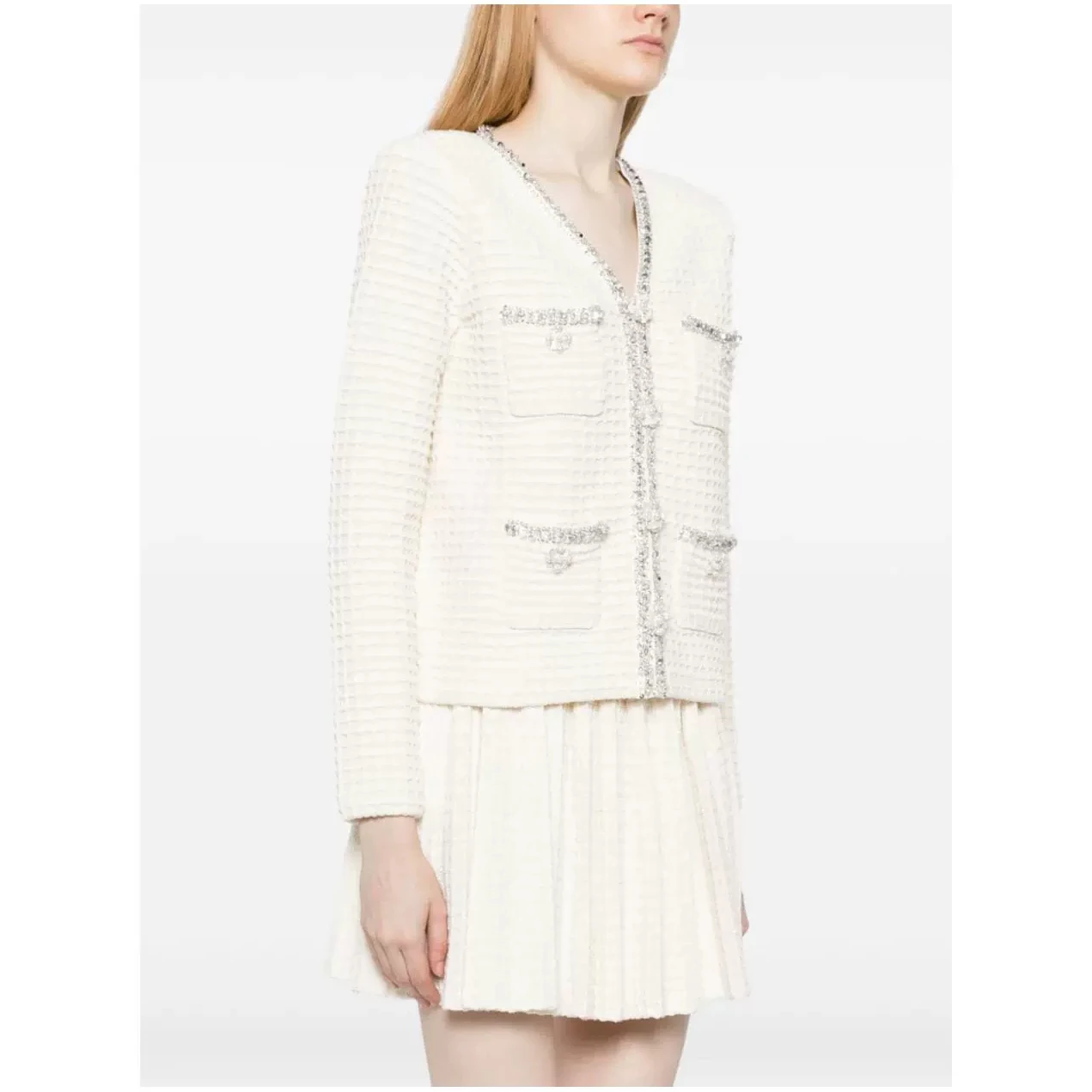 

2024 Early Spring New Women Ivory White Waffle Plaids V-neck Knitted Cardigan Jacket