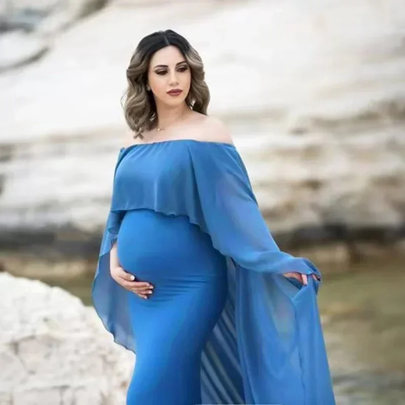 

New Elegence Pregnancy Photography Dress Shoulderless Maternity Shoot Dresses Cloak Maxi Gown For Pregnant Women Photo Prop