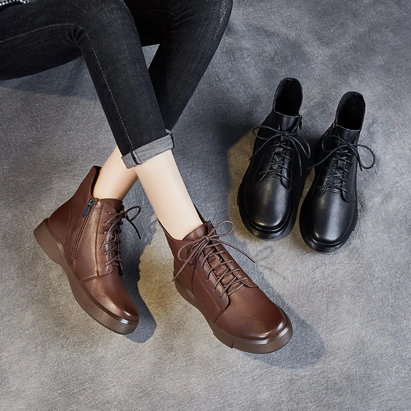 Зимние женские ботинки на шнуровке из натуральной кожи с противоскользящей мягкой подошвой мотоциклетные ботинки