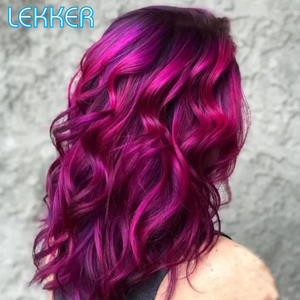 

Lekker Wear to go Highlight Red Purple Body Wave Human Hair Wig With Bangs For Women Brazilian Remy Hair 22" Long Deep Wavy Wig