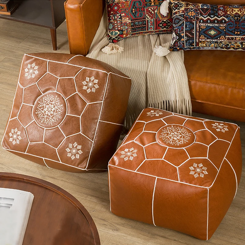

Moroccan Style PU Leather Cushion Cover Unstuffed Meditation Pouf Embroider Craft Ottoman Covers Tatami No Fillings Lazy Futon