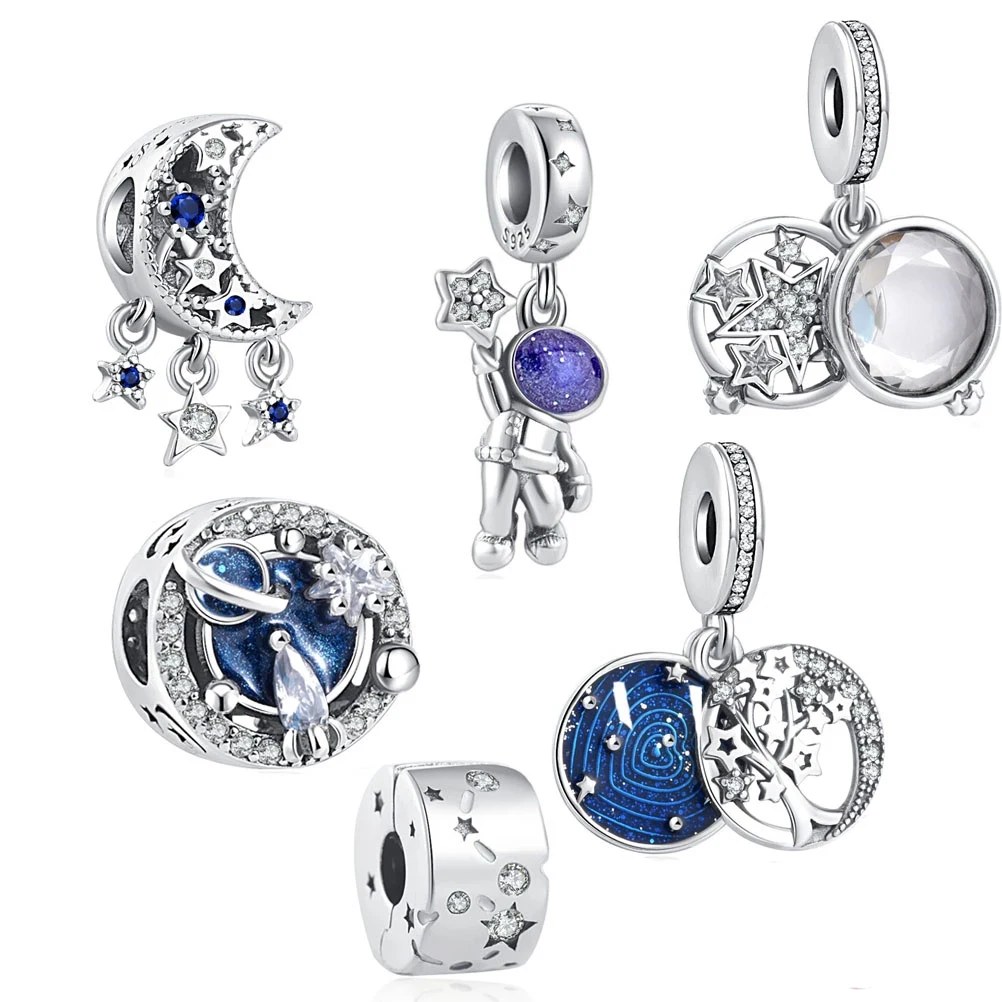 

New Milky Way Stars Moon Astronaut Blue Beads Dangle Charms Fit Pandora Silver 925 Original Bracelet Fashion DIY Woman Jewelry