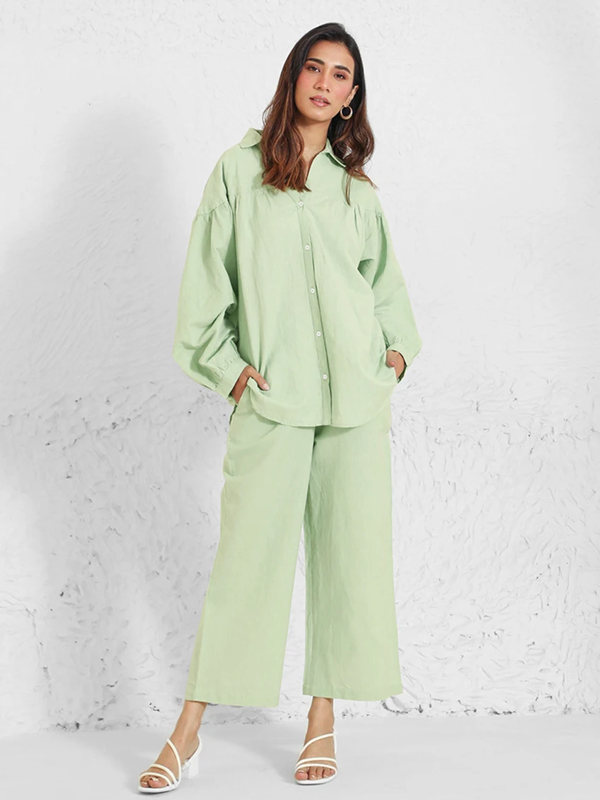 

Женский комплект для сна Marthaiqiq, зеленая ночная рубашка с длинным рукавом и отложным воротником, ночные рубашки с широкими штанинами, свободная ночная рубашка, комплект из 2 предметов