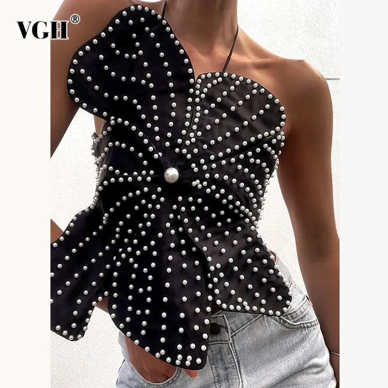 

VGH Solid Patchwork Pearls Backless Tops For Women Halter Sleeveless Tunic Slimming Sexy Irregular Vests Female Fashion Clothes