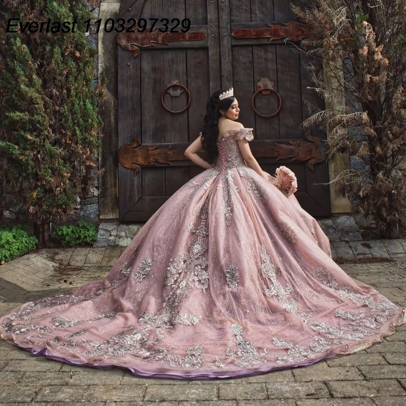 

EVLAST Shiny Pink Quinceanera Dress Ball Gown Silver Lace Applique Beaded Crystals Mexico Sweet 16 Vestidos De XV 15 Anos TQD654