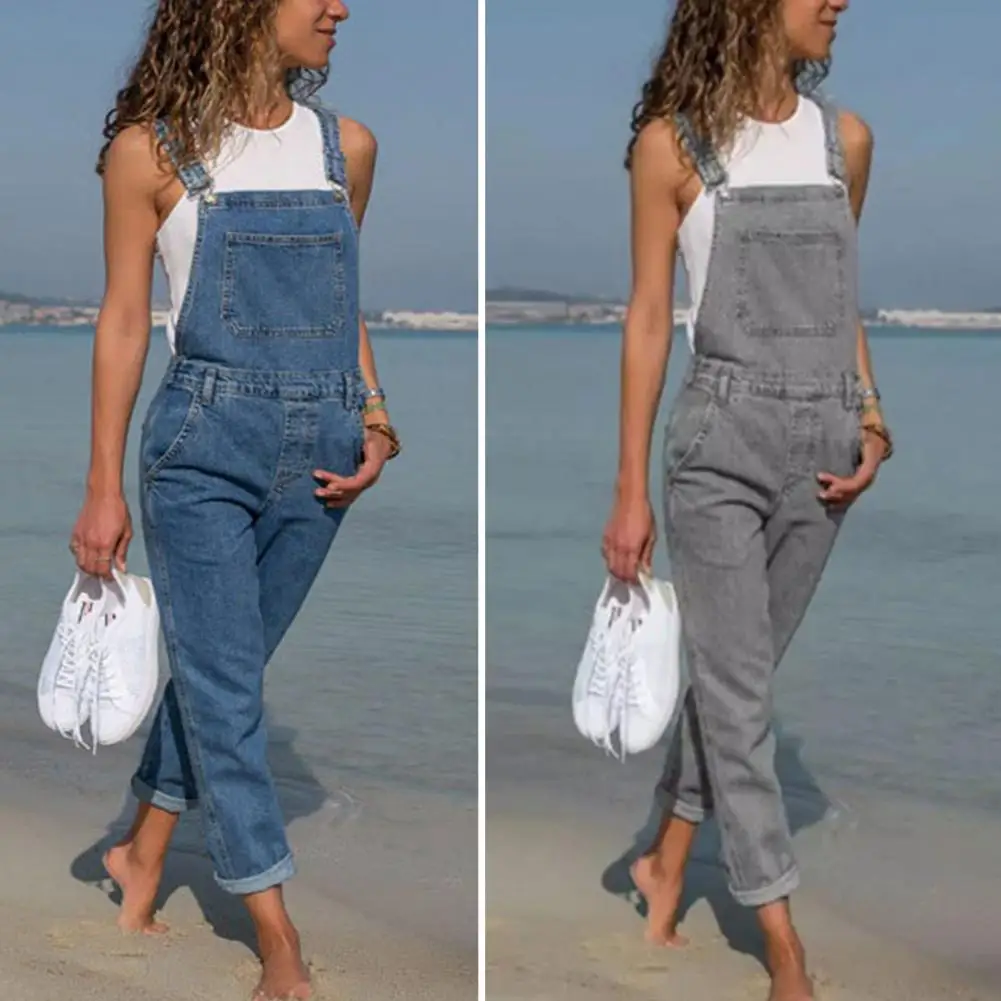

Distressed Overalls Stylish Plus Size Denim Jumpsuit with Adjustable Straps Side Pockets Women's Loose Fit Backless for A