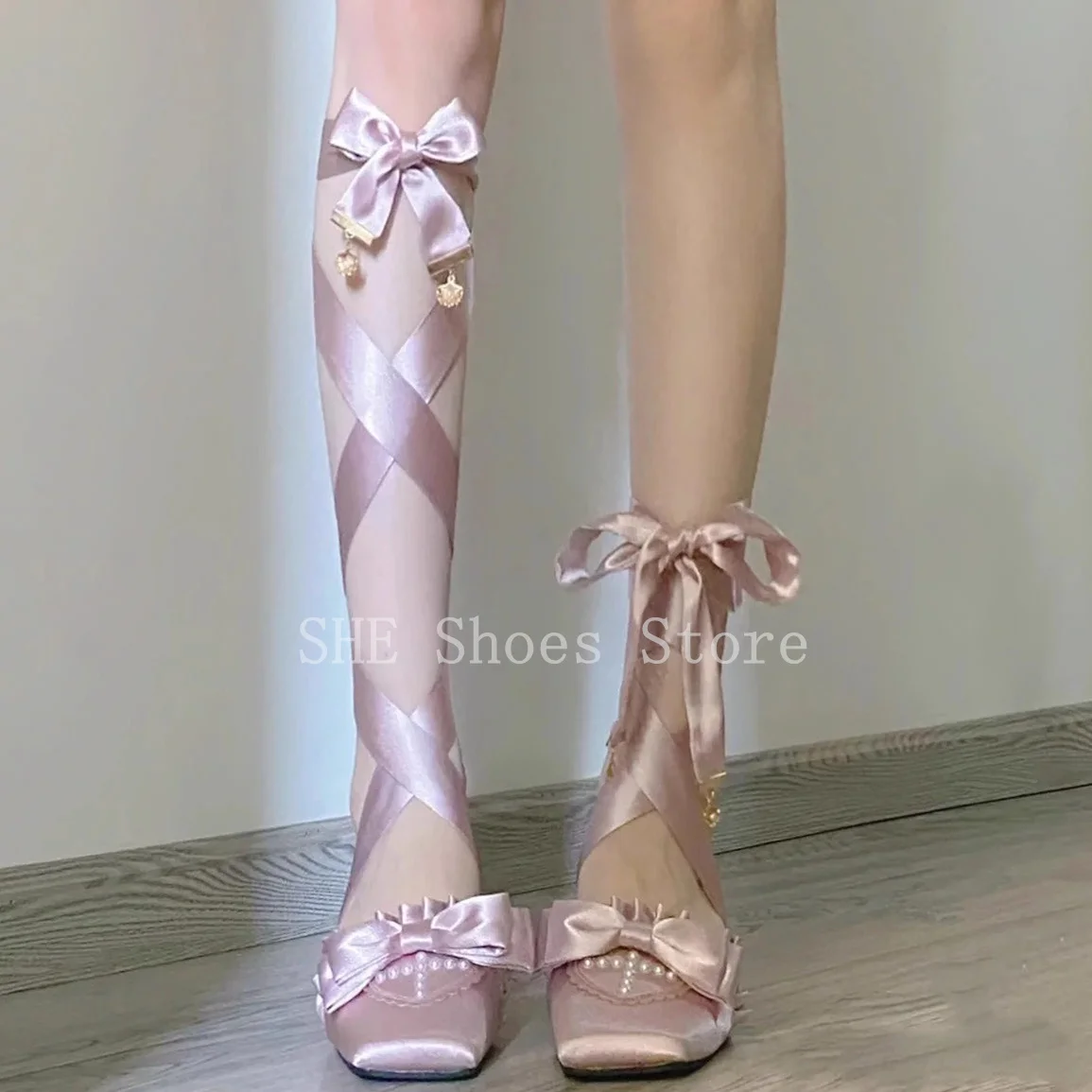 

French Cross-Tied Strap Women Ballet Shoes Square Toe Chunky Heel Lolita Girl Hight Heels Ladies Butterfly Knot Decor Pumps