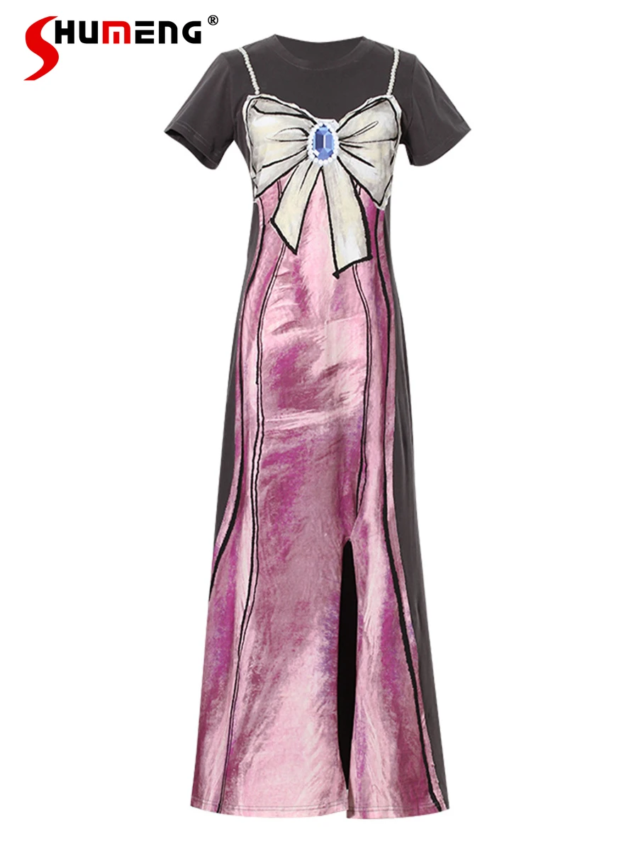 

2024 Hand-Painted Short-Sleeve Pearl Personality Dresses Beautiful Girl Bow Dress Fashion Feminine Short Sleeve Nice Dresses