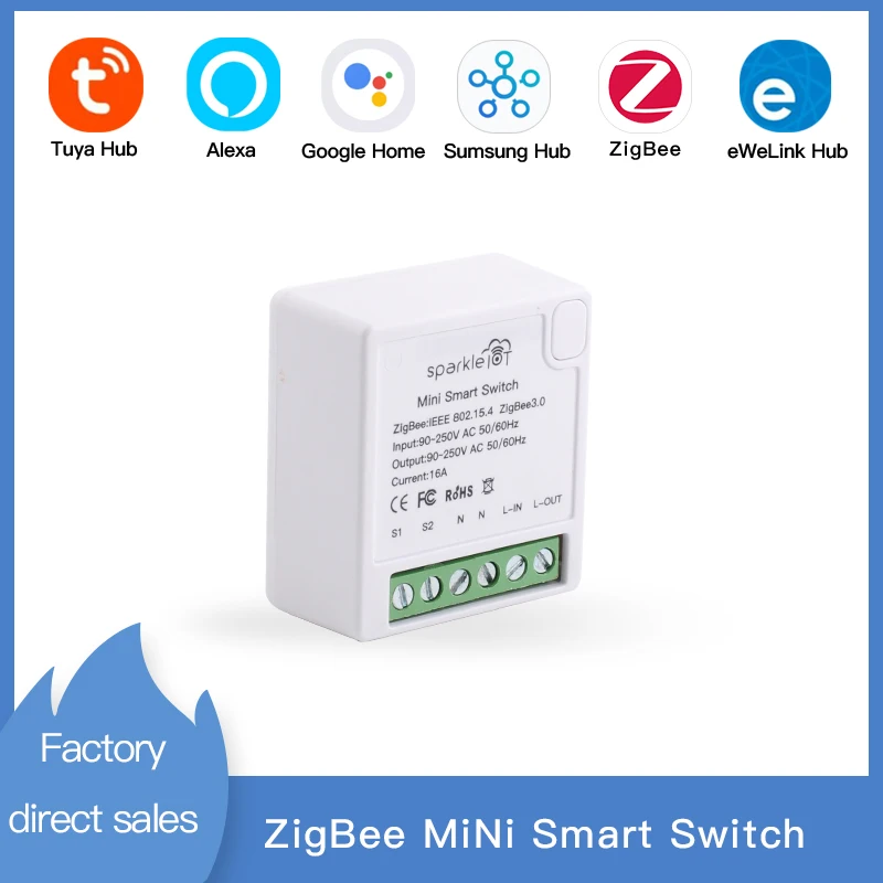 

ZigBee Tuya Mini Smart Switch Supports 2 Way Control Standard Hub Required ZigBee3.0 Works With Alexa Google Home Alice