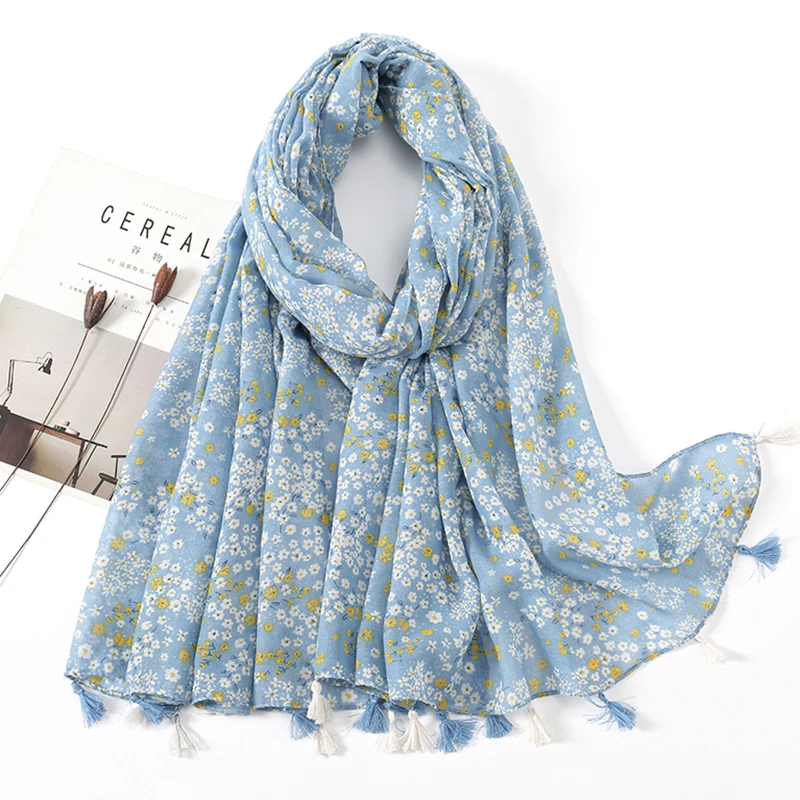 

New Floral Tassel Viscose Shawl Scarf For Women Print Hijab Lady High Quality Wrap Pashmina Stole Bufandas Muslim Hijab Foulard