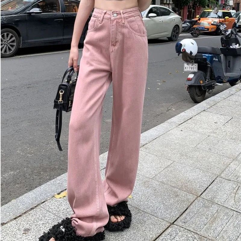 

Pink High Waisted Wide Leg Jeans Women's Spring Autumn American Trousers Loose Slim Straight Legs Full Length Denim Pantalones