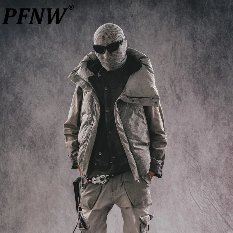 

PFNW Men's Punk Niche Design Distressed Color Contrast Diagonal Zipper White Duck Down Hooded Tide Cotton Vest Padded 12Z5196