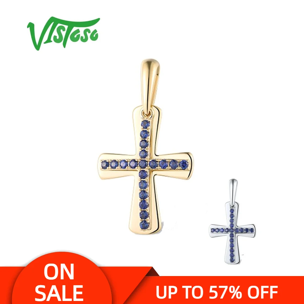 

VISTOSO Genuine 9K 375 White Yellow Gold Pendant For Women Sparkling Created Sapphire Cross Party Wedding Gift Fine Chic Jewelry