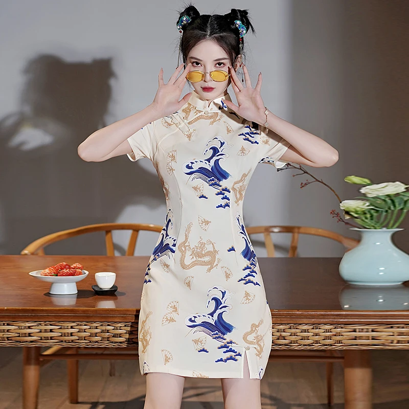 

National Retro New Chinese Style Improved Cheongsam Summer Short Sleeve Fashion Young Printed Modern Qipao Dress