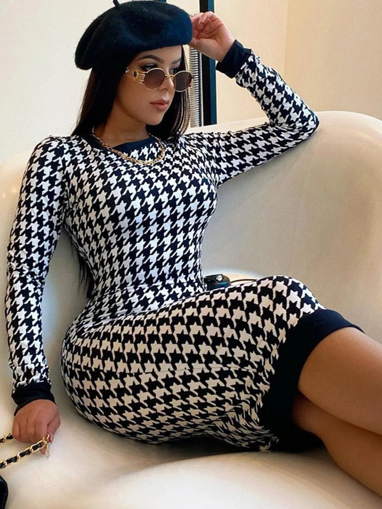 

Houndstooth Print Women Long Sleeve Midi Dress Hollow Out Bodycon Sexy Streetwear 2022 Autumn Winter Club Elegant Slim