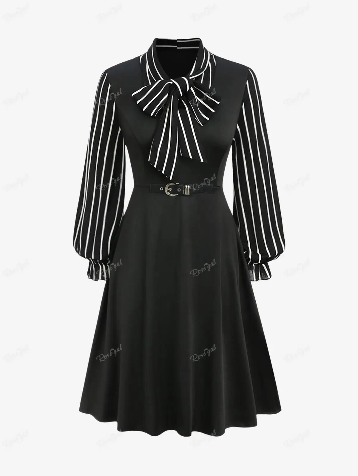 

ROSEGAL Plus Size Gothic Striped Dresses PU Buckle Bowknot Tied Ruched Belted Dress New Lantern Sleeves Vestidos