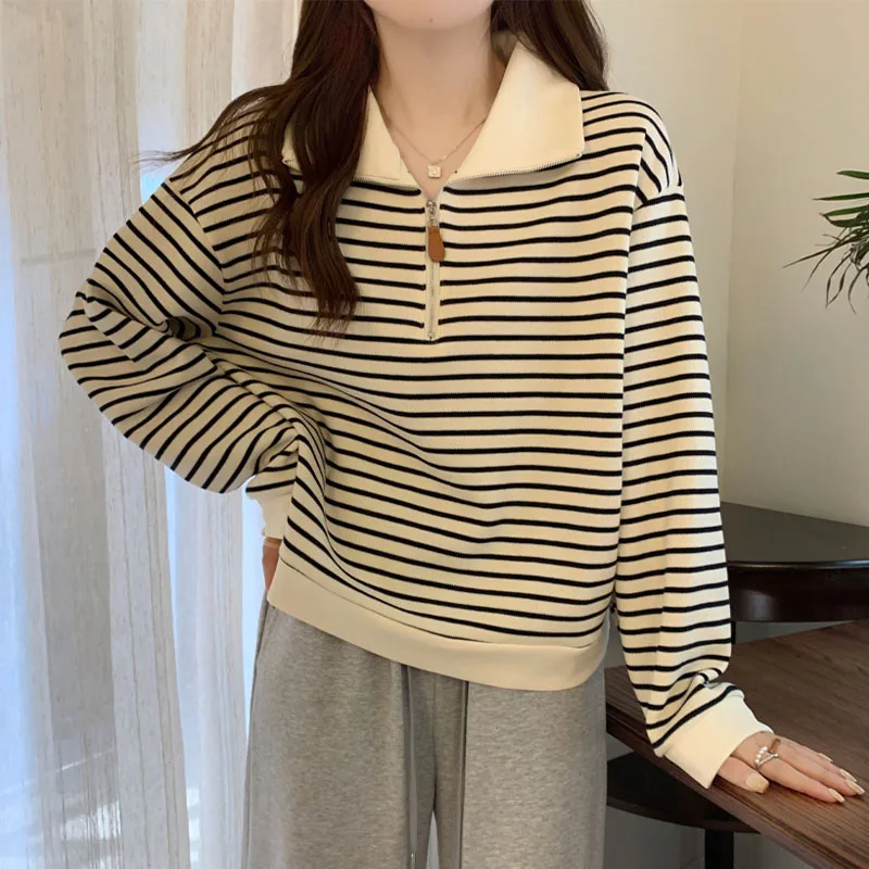 

Fashion All-match Polo-Neck Striped Sweatshirts for Female Casual Loose Zipper Spliced Pullovers Tops Autumn Women's Clothing