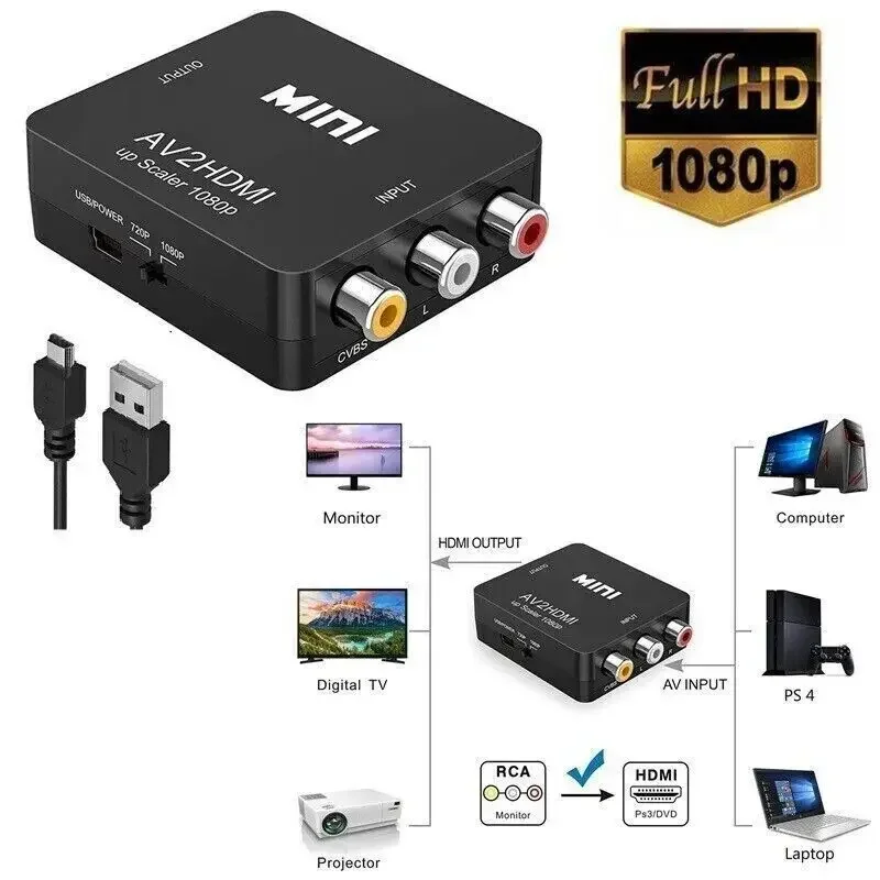 Mini AV to HDMI-compatible Video Converter Box AV2HD RCA AV HD CVBS to HDMI-compatible Adapter for HDTV TV PS4 PC Xbox Projector
Mini AV to HDMI-compatible Video Converter Box AV2HD RCA AV HD CVBS to HDMI-compatible Adapter for HDTV TV PS4 PC Xbox Projector