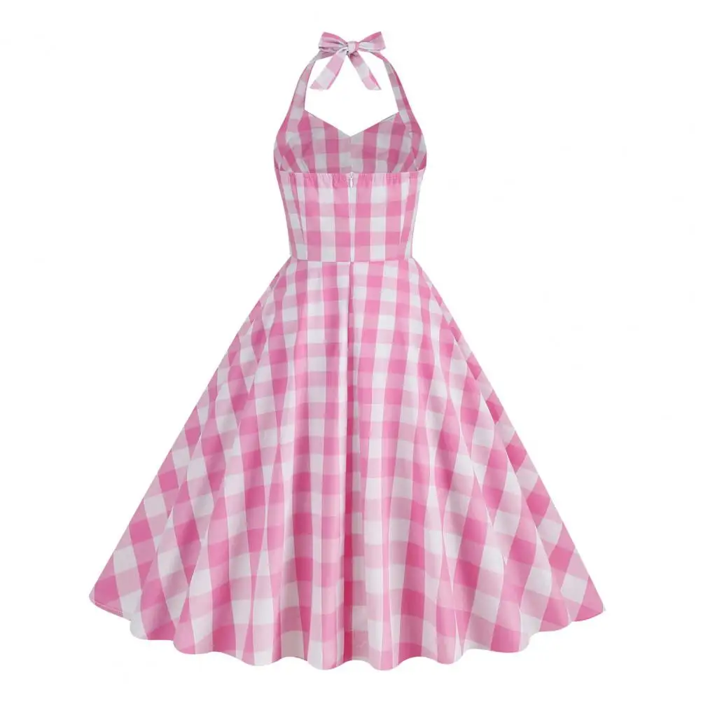 

Pink Plaid Swing Hem Dress Swing Dress Vintage-inspired 1950s Pink Plaid Dress Lace-up Bowknot Halter Hidden Zipper for Cocktail