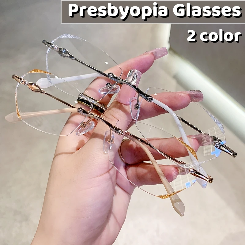 

Irregular Metal Hyperopia Eyeglasses Diamond Trimmed Frameless Reading Eyewear Anti Blue Light Finished Presbyopia Glasses