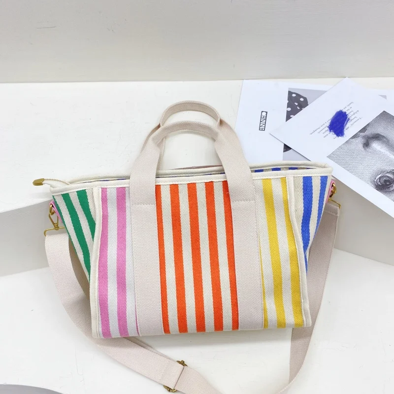

2024 New Women's Handbag Large Capacity Brand Designer Stripe stitching Tote Bag Fashion Trend Shoulder Bag Canvas Beach Bag