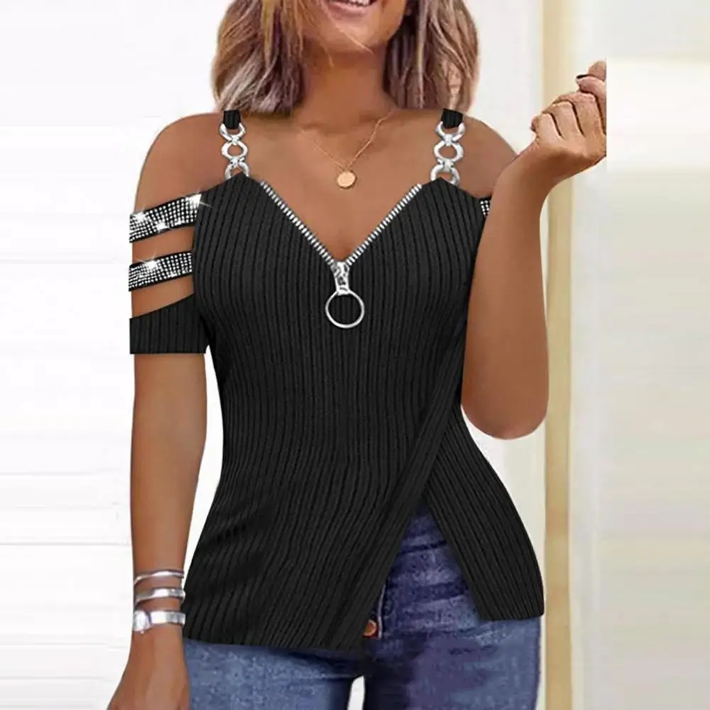 Sexy Zip V-Neck Women's T Shirt Tops Split Hem Elegant Trendy Sequin Chain Cold Shoulder Blouse Summer Female Clothing
Sexy Zip V-Neck Women's T Shirt Tops Split Hem Elegant Trendy Sequin Chain Cold Shoulder Blouse Summer Female Clothing