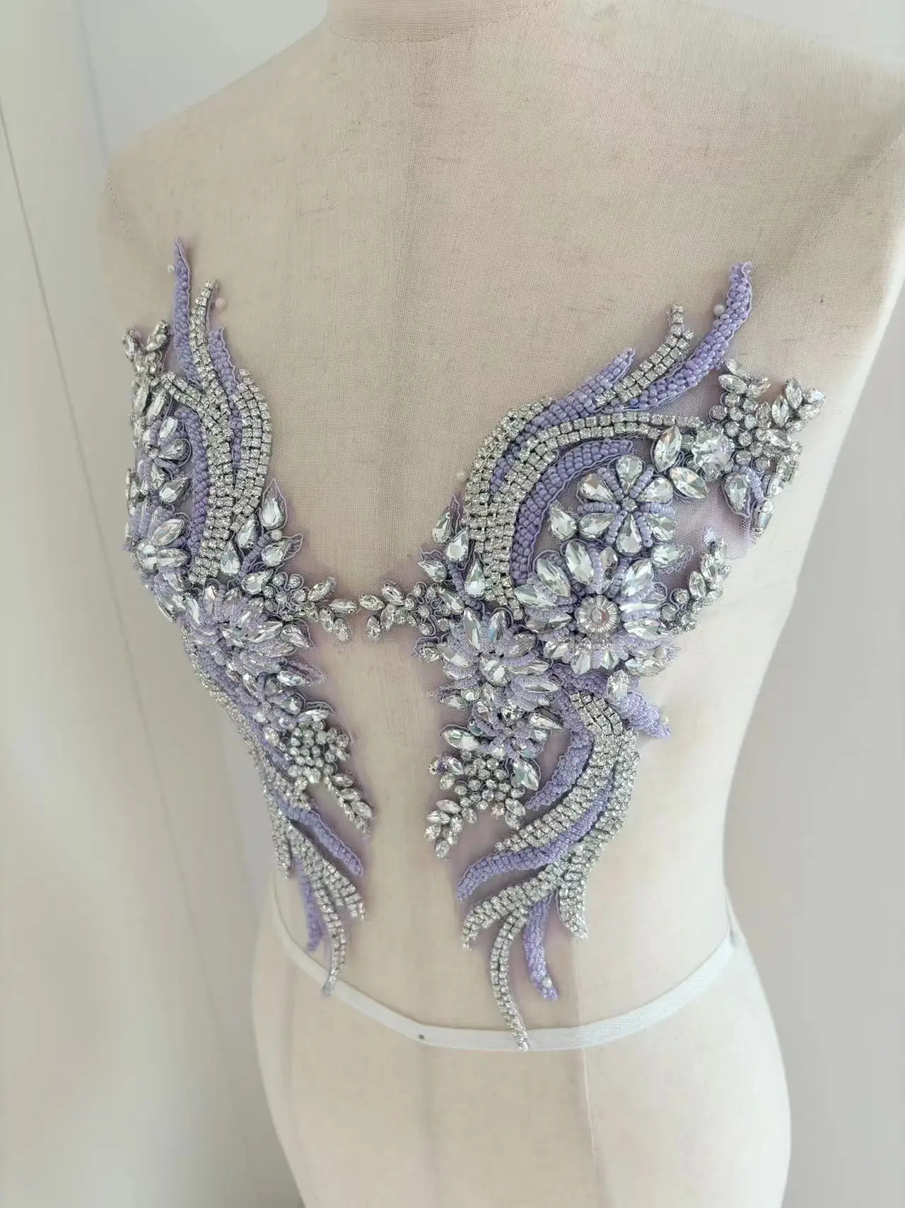 

Lavender Rhinestone Bodice Patch Purple Diamond Silver Stone Applique for Bridal Dress,Couture Dance,Ball Gown,Stage Performance