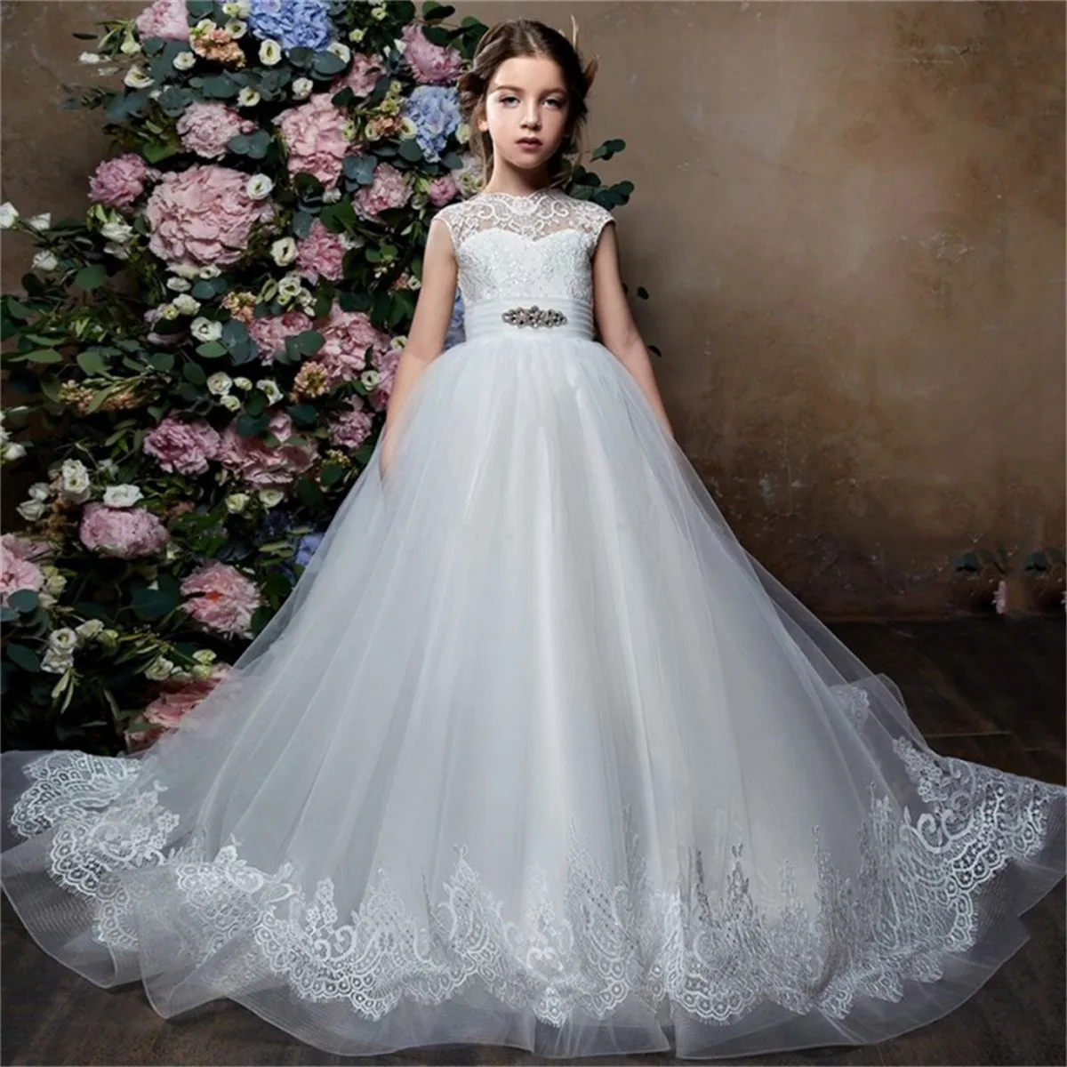 

White Flower Girl Dress Fluffy Layered Tulle Lace Applique Wedding Elegant Flower Child's First Eucharistic Birthday Party Dress