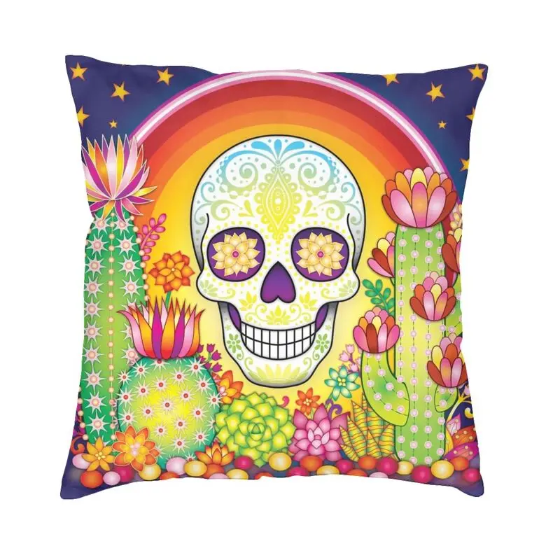 

Sugar Skull Rainbow Cactus Modern Throw Pillow Covers Bedroom Decoration 3D Print Halloween Day Of The Dead Sofa Cushion Cover