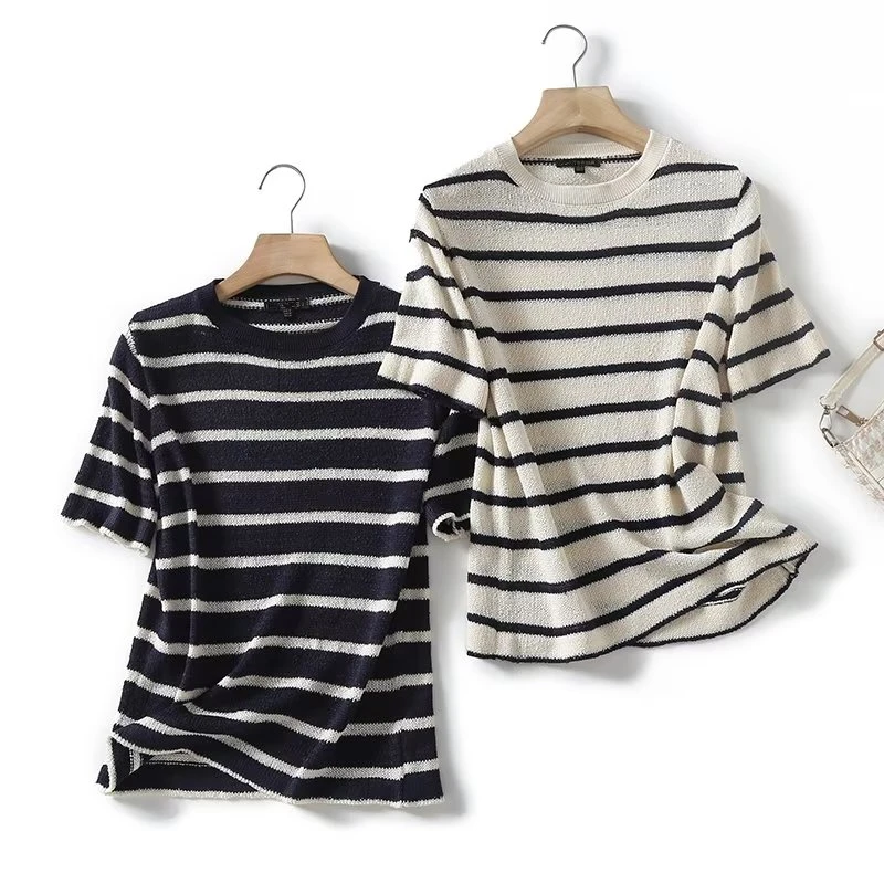 

Dave&Di British Fashion Ladies Casual Striped Texture Top Commuter Round Neck Short-Sleeved Summer T-shirt Women