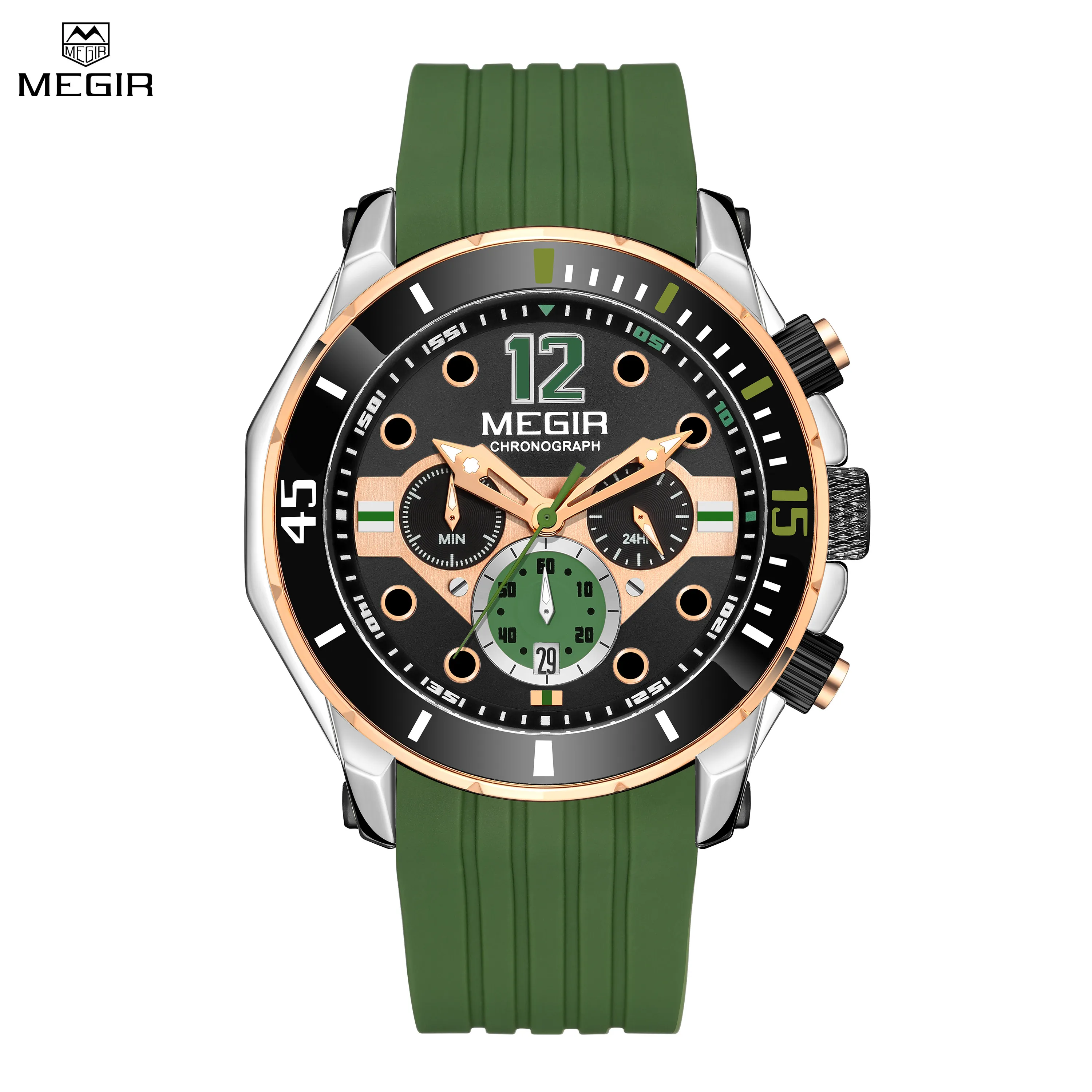 

MEGIR Men's Sport Watches Quartz Wrist Watch with Silicone Band Male Clock Chronograph Calendar Stopwatch Luminous Waterproof