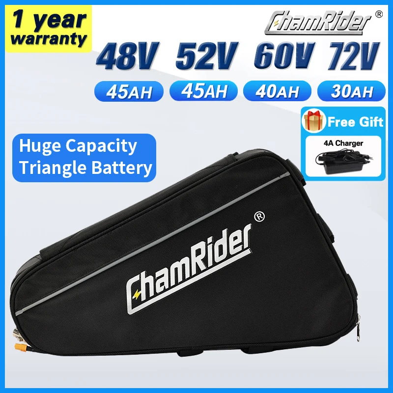 

ChamRider 48V Ebike Battery 18650 Cell 72V 60V 52V Triangle 30AH 40AH Huge Capacity 1500W 2000W Super Powerful 21700 Bafang