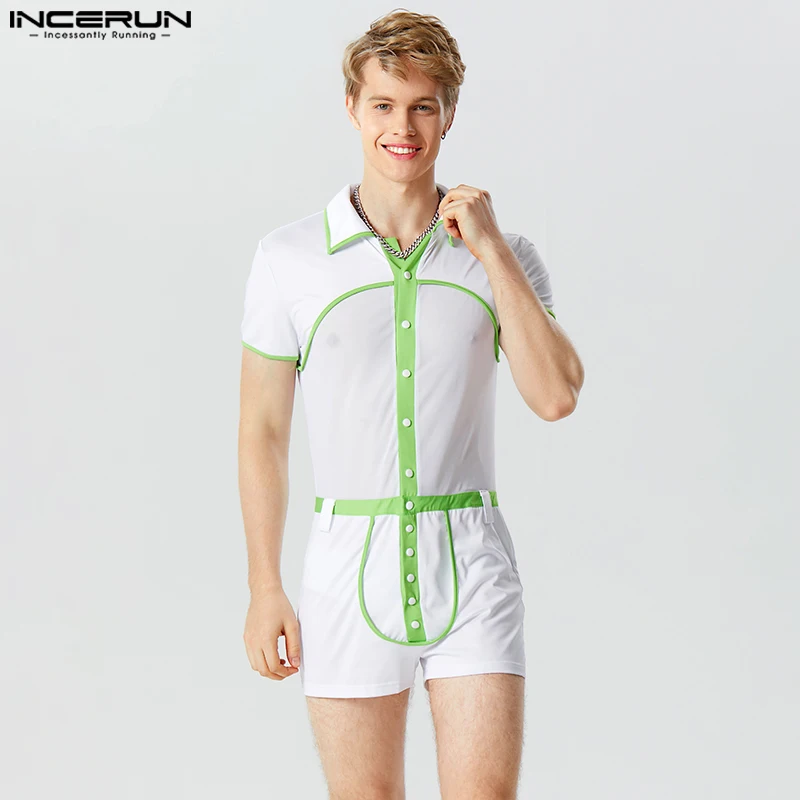 

Sexy Men's Homewear Bodysuits Splice Contrast Design Bodysuits Fashionable Short Sleeve Flat Angle Jumpsuits S-5XL INCERUN 2023