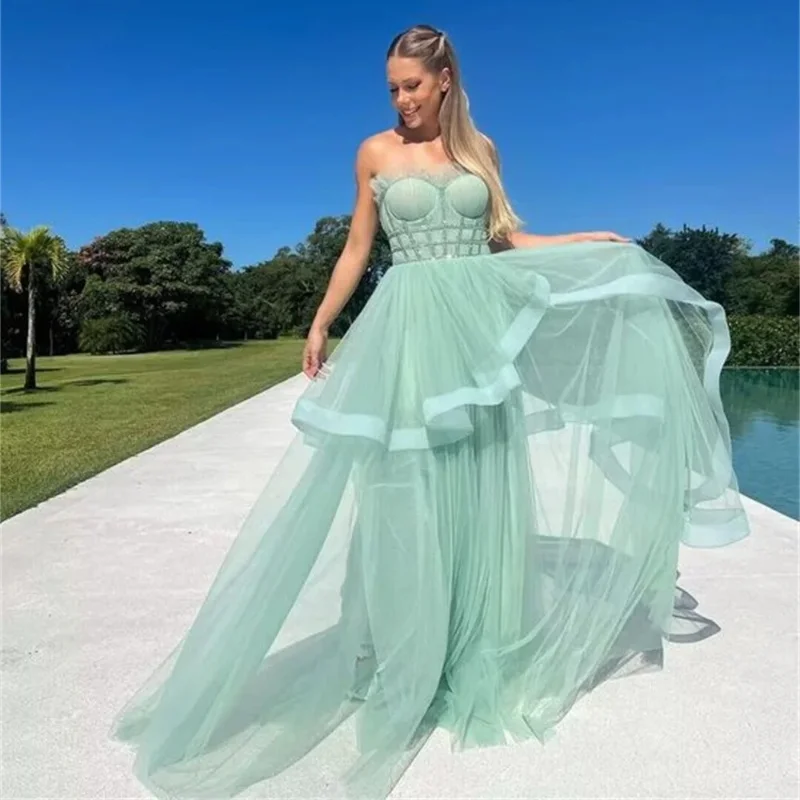 

Light green Saudi Arabian strapless ball evening dress A-line sheer wedding dress elegant sleeveless floor long dress 2024