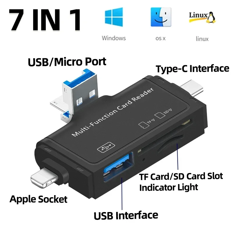 

2023 7 In 1 USB 2.0 SD Card Reader,USB C Card Reader TF/Mirco SD Smart Memory Type C Lighting OTG Flash Drive Cardreader Adapter