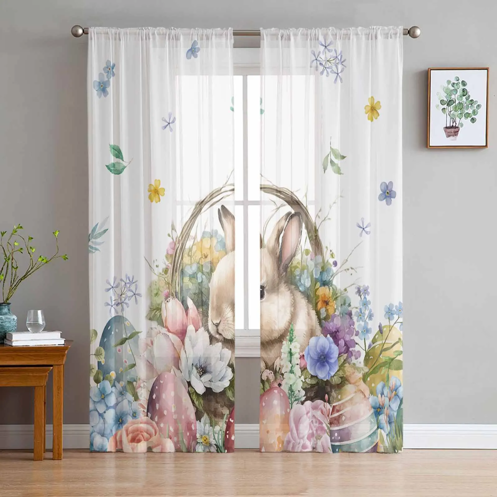 

Easter Egg Bunny Watercolor Sheer Curtains for Bedroom Living Room Decoration Window Curtain Kitchen Tulle Voile Organza Drapes