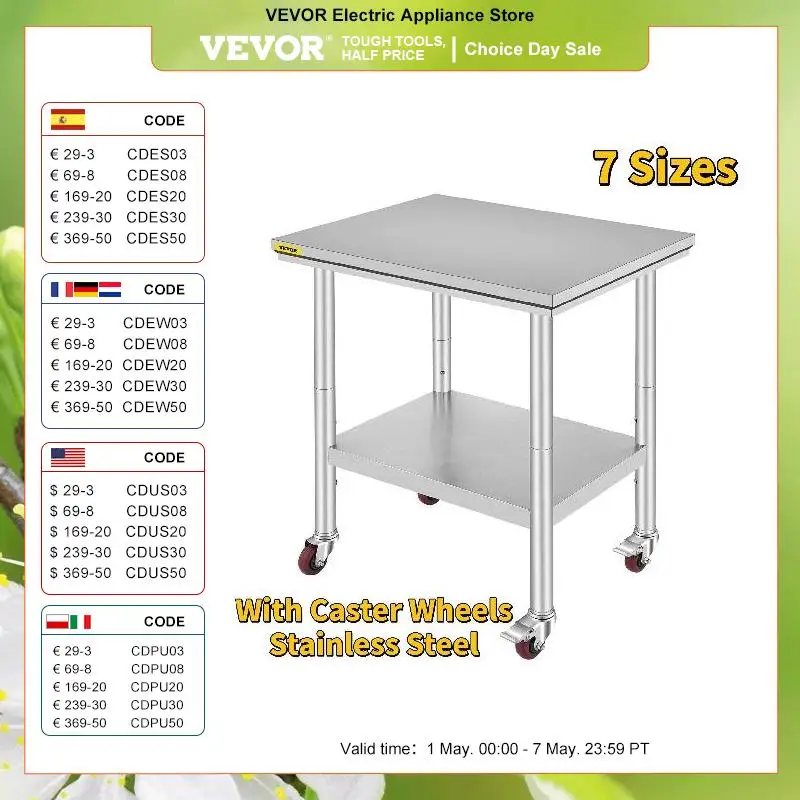 VEVOR Stainless Steel Kitchen Worktable shelves Commercial Work Bench Table with Caster Wheels for Home Restaurant Storage
VEVOR Stainless Steel Kitchen Worktable shelves Commercial Work Bench Table with Caster Wheels for Home Restaurant Storage