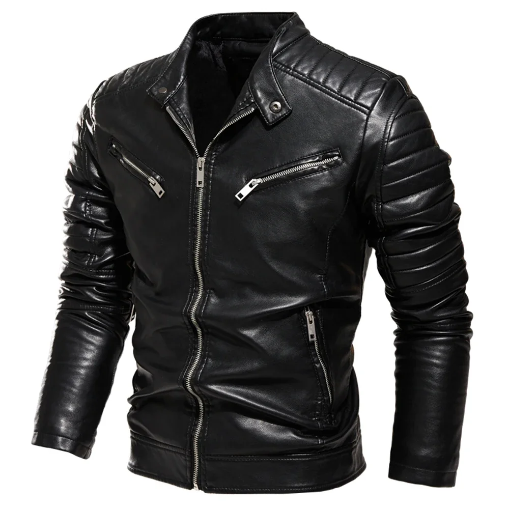 

2022 Winter Black Leather Jacket Men Fur Lined Warm Motorcycle Jacket Slim Street Fashion BLack Biker Coat Pleated Design Zipper