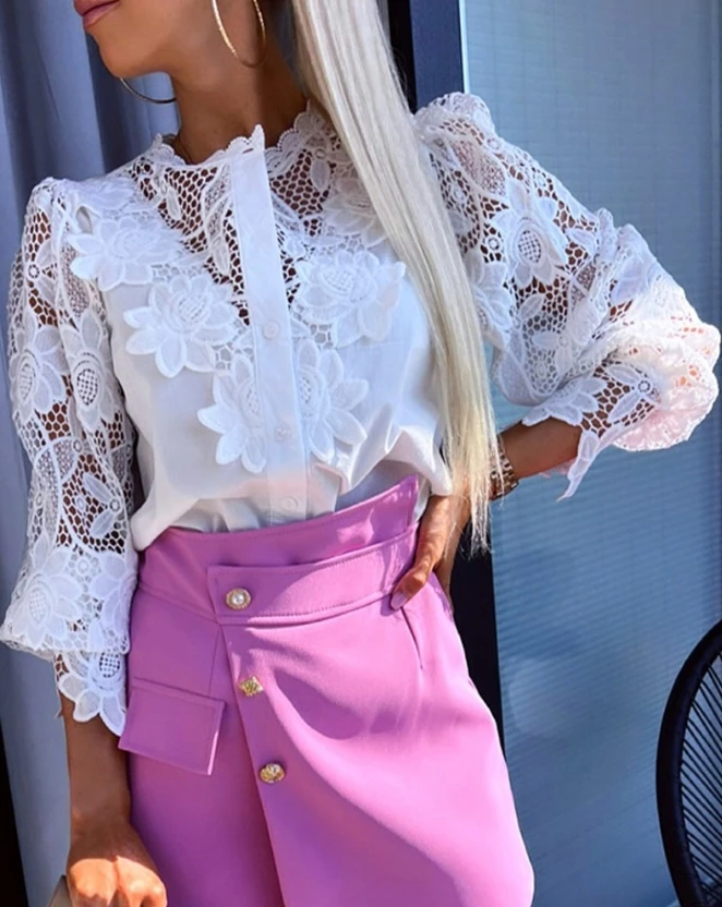 

Fashion Woman Blouse Spring Floral Pattern Lace Patch Hollow-Out Buttoned Casual Stand Collar Long Sleeve Daily Semi-Sheer Top