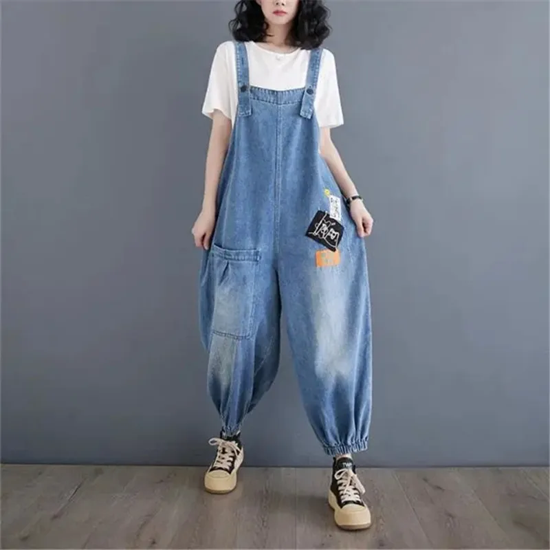 

2024 New Summer Loose Casual Fashion Streetwear Denim Jumpsuit Women's Versatile Embroidered Literary Washed Vintage Overalls