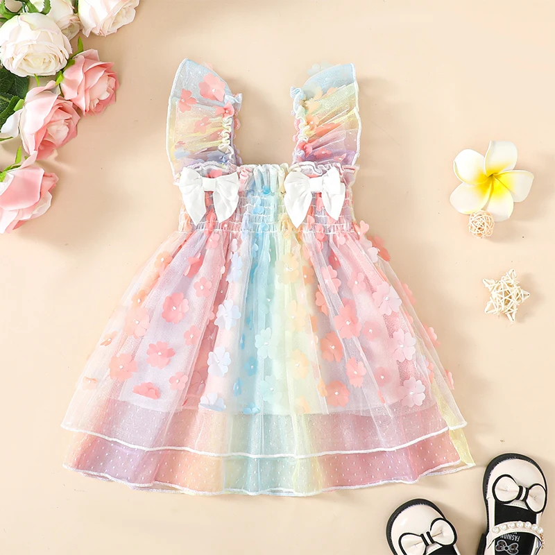 

VISgogo Toddler Girls Dress Flower Embellished Bowknot Fly Sleeve Colorful Casual Dress Summer Fashion Princess Dress