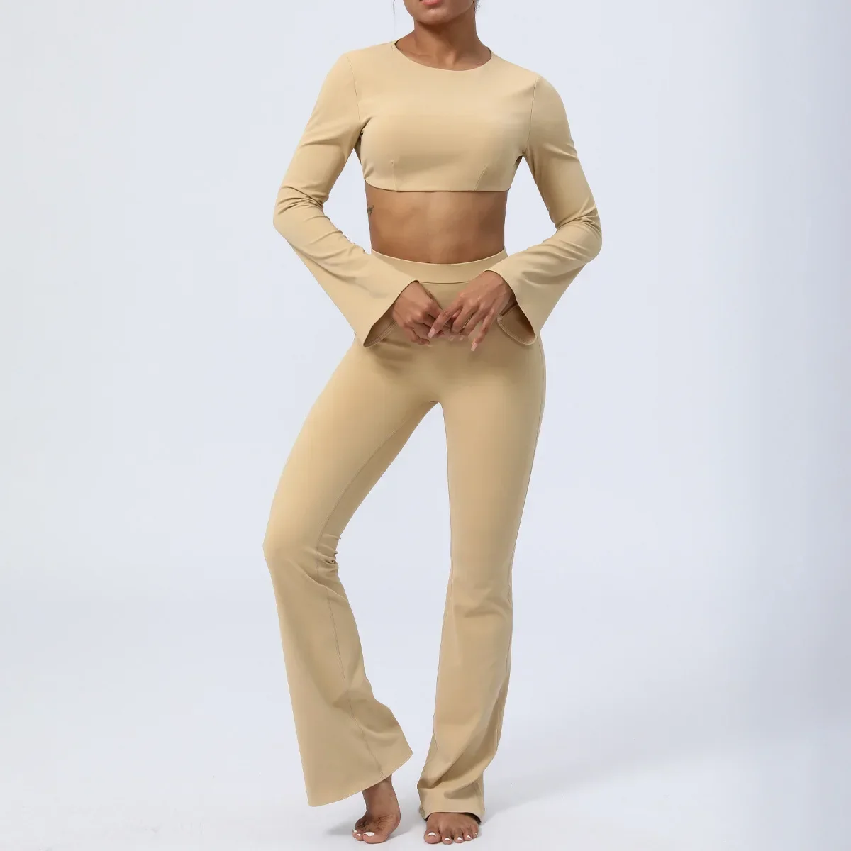 

Women's Tight-fitting Yoga Suit in Autumn and Winter, Nude Quick-drying Exercise Backless Fitness Suit, Two-piece Bell Bottoms.