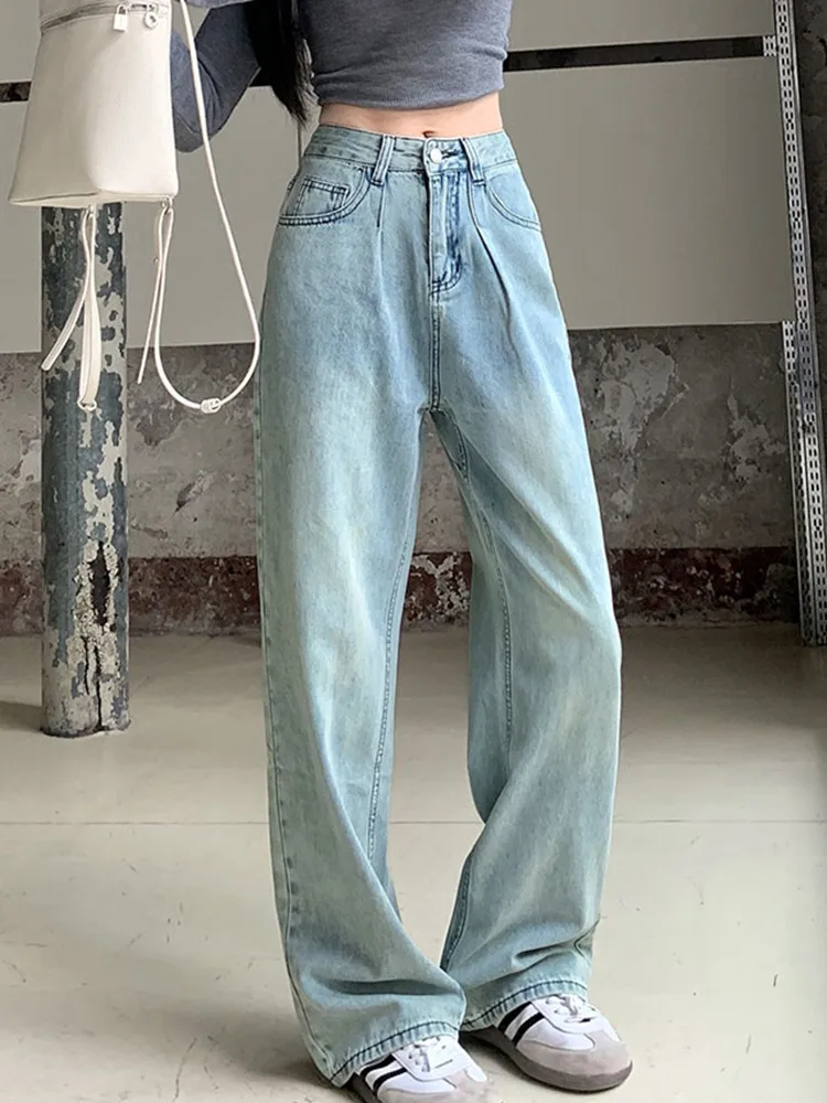 

Women's Folds Straight Light Blue Baggy Jeans Korean Fashion Casual Loose Denim Trousers Female High Waist Denim Wide Legs Pants